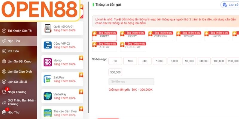 Hình thức nạp tiền Open88 phổ biến